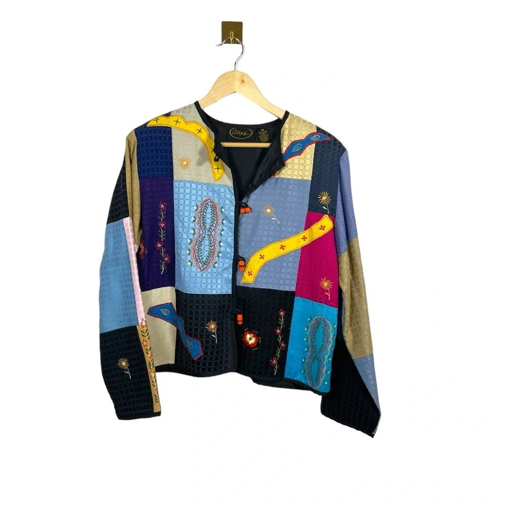 Vintage Alex Kim M Quilted Patchwork Jacket Abstract Artsy Multicolor